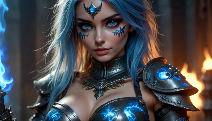 cclose up, bionpunk style gamer girl, 20 year old woman, sexy hair, various pose, sexy makeup, marks on fase, ((detailed symmetric beautiful eyes)), detailed gorgeous face, exquisite detail, medium height, 34c breasts, sexy clothes, navel piercing, clit piercing, cameltoe, shaved, ((erect detailed nipples)), 111cine8matic55, masterpiece, 32k, (Masterpiece), high quality, Volumetric Lighting, backlight, sexy, slender, fair skin, glowing orange aura, ((wearing deathknight plate mail decorated with skulls)), ((blue flame, blue flame at eyes, blue flame in hands)), Dark, Fantasy, page, <lora:attractive_notrigger:1.4>, <lora:BUT_SDXL_SHS:.7>, <lora:Vivid Midjourney mimic - XL SDXL v2.0:1.4>, <lora:Dark Fantasy:1.7>