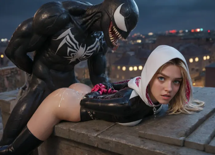 (Spidergwen from Spiderman:1.3), latex, (wrists shackled, hands behind back:1.2), slim build. Clothed, on stomach, showing ass, anal sex, 1boy, angry, cum on ass, rooftop. night, maximum details, Venom, drinks, milk, tea, <lora:Fresh Ideas@Venom drinks milk tea:.8>