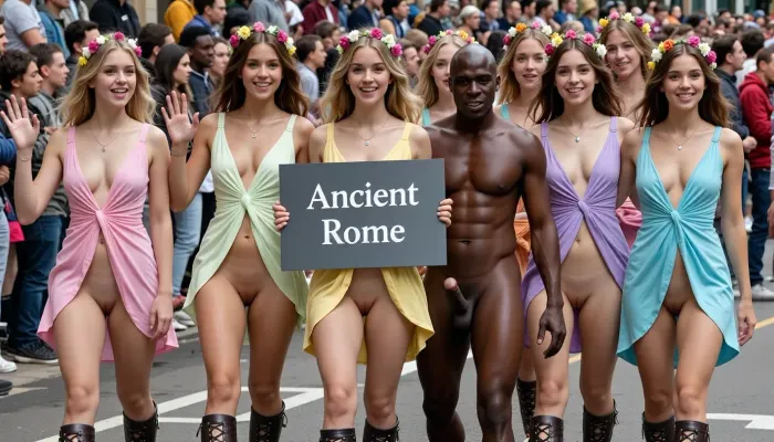 (ultrarealistic photography), (full body view), A festive parade with a large crowd of spectators. a walking group beautyful girls, all girls wearing short different colored airy tunics with very deep necklines, on some girls, a breast is visible because the tunic has slipped, while on others, the vagina is visible because the wind has blown up the hem of the tunic., (All girls are wearing flower crowns on their heads and knee-high laced leather sandals), . one girl in front of the group is holding a grey sign that reads "Ancient Rome". The girls are cheerfully waving to the spectators, the atmosphere is high-spirited, innocent faces, youthful, all girls with totally shaved clear vaginas and clear vulvas, visible vagians, visible labias, (a naked Black African male slave with erect penis, walking between the girls, (slave has a hard erection:1.4))