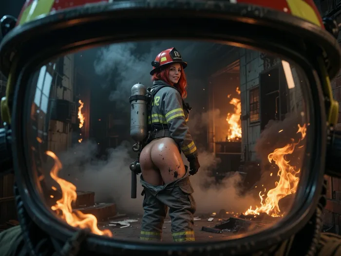 The entire scene is shown through the eyes of a firefighter, from inside his helmet through the visor, with the edges of his helmet and visor framing the image. Reflections on the visor capture the glow of the flames, a single female firefighter stands before him in the burning building, she is an extremely sexy seductive firewoman and exposes her firm small bare butt, oiled skin, she has rich fiery red hair, (She looks directly at the viewer with an inviting smile), (lasciviously tearing down her pants:1.4), slim bare ass, shi is fully dressed in a dirty, fully equipped highly detailed used grey firefighter's uniform with a Fire jacket, Fire trousers, helmet and tools, An old, used gray oxygen cylinder strapped to the back, heavy boots, (fire Helmet:1.7), her face is completely smeared with soot, Fantasy setting, cgi Render with imperfections saturated Turquoise and deep orange colors Style, The scenario is enveloped in the deepest darkness imaginable, filled with thick, swirling steam and smoke that obscures every surface, the air is heavy, dense, and the faintest glimmers of light barely penetrate the suffocating haze, extreme low light, a dark, (maximum quality:1.5), (high resolution:1.5), zPDXL2, DSLR, ziprealism, (zentangle, tangle, entangle), detailxl, (masterpiece:1.8), (film grain:1.8), Uber realistic, 8k, ultra detailed, masterpiece, (inside a burning house:1.7), The burning room is filled with smoke, flames are shooting
