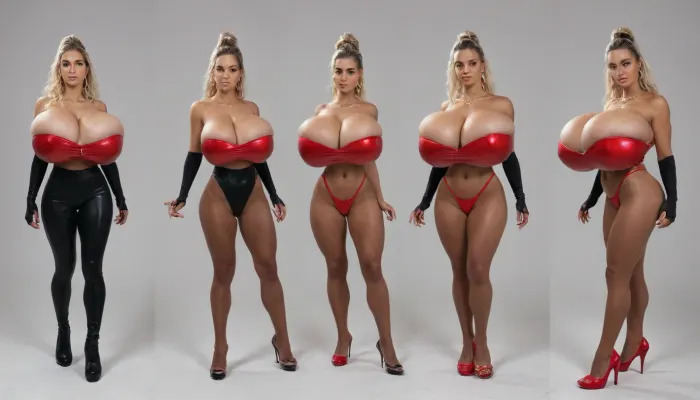 A highly detailed 3D-style image of a character depicts a strikingly beautiful 24-year-old superheroine with a toned, curvaceous, and athletic physique, clearly inspired by a modern and sensual version of Supergirl or a Kryptonian superheroine.Hair, Long, rich golden blonde with multiple undertones, (honey blonde and light gold), . She wears her hair loose and wavy, with strands that sweep dramatically to one side. The hair shines with luminous highlights.Face, Beautiful and symmetrical.Large, blue-green eyes with a direct and confident gaze. Defined eyebrows, a delicate nose, high cheekbones, and full lips with a natural gloss.Body, Tanned and flawless skin. A defined yet feminine abdomen, a narrow waist, a generous bust, and pronounced hips. An upright and elegant posture, with her arms slightly away from her body., (((gigantic firm and turgid breasts, JJ cup:1.7))), (firm breasts:1.4), extremely heavy breasts. Outfit, (Suit), An extremely revealing bikini-style crop top in a vibrant red with metallic gold details, following the classic Superman aesthetic, but in a much bolder and more modern version. Top, (Crop Top), Red strapless top that covers only the bust, (bandeau or short bustier style), ., The top and bottom edges are finished with wide, shiny gold bands., A large gold shield with the letter "W", (symbol of the House of El), stands out in the center of the chest, with a raised design and a high-quality metallic finish., It leaves the shoulders, collarbones, arms, and most of the abdomen exposed. ### Bottom, Red bikini bottoms with a very high cut at the hips., Decorative details on the sides, Thick gold chains hanging as ornaments, (with gold tassels or fringe), fastened with small gold studs., The cut is very high on the legs, accentuating the curve of the hips and revealing a large portion of the buttocks and thighs. #### Accessories and complements, Gloves, reaching above the elbow, red with a shiny texture, (similar to latex or fine leather), . They have a circular gold detail at the wrist.Nails, A perfect manicure in pearly white or French style, very visible on the hands. Earrings, Small gold hoops with dangling details. Background and atmosphere The scene takes place in outer space, with a background of bright stars and the curvature of the Earth visible at the bottom, reinforcing the image of a powerful cosmic superheroine. hypersexualized design. It's a costume designed to exaggerate the female figure, with a strong emphasis on sensuality and visual empowerment. The contrast between the intense red, metallic gold, and tanned skin is striking. This character represents a glamorous Kryptonian heroine. Boots, Knee-high, red, with a glossy latex texture. They have high heels. The full-body shot, (from head to toe), shows her from three different angles, front view, front view slightly turned to the right, and rear view. All of this is set against a plain white background.