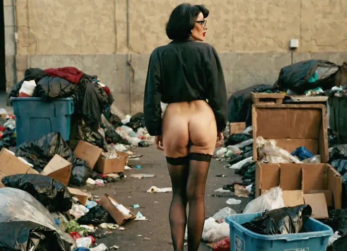 mature, caucasian, 55 years old, homeless, dirty, very tall, fit, black hair, bobcut, sexy lips, dark-red lipstick, glasses, high heels, black stockings, lots of trash, view from behind, analog, AnalogRedmAF, <lora:AnalogRedmondV2-Analog-AnalogRedmAF:.8>