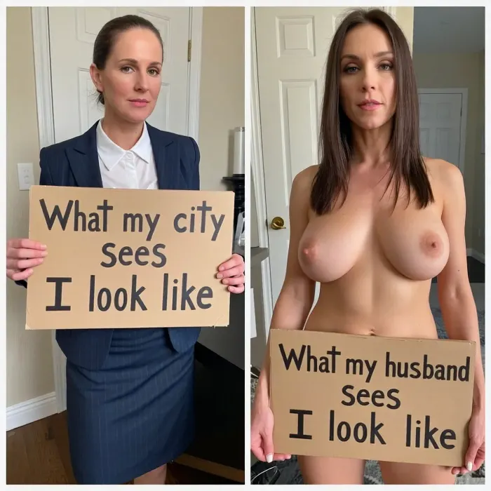 side-by-side two pictures of a sexy 50-year-old brunette mayor standing, looking at the camera. On the first picture on the left she has her hair in a low bun, wears an extremely realistic woman's business suit and matching skirt, holds a handmade sign with text "What my city sees I look like". On the second picture on the right, the same woman is naked, nude, her hair is loose, visible nipples, standing and holding a handmade sign with text "What my husband sees I look like".