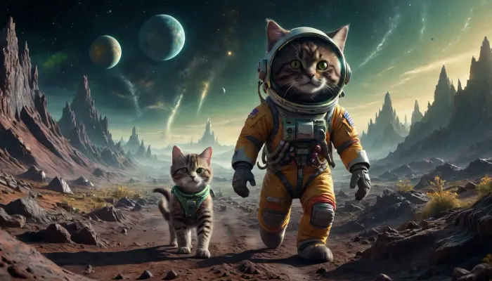 A Rocky strange landscape on an alien planet in space. A cute cat walking upright. Cat is smiling, walking on two feet.A very cute tabby female cat, (very dark brown-grey fur, green yellow eyes), in a toy spacesuit with astronaut helmet. ktt, Jed-Cosmos, <lora:Kitty LoRA - Trigger with KTT Artstyle:.9>, <lora:Space_sdxl:.4>, <lora:Jed-Cosmos-sdxl:1.6>, <lora:Surreal_Space-000013:1.8>