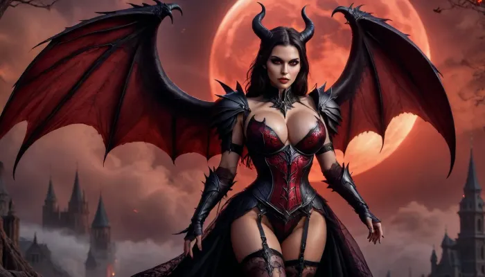 beautiful sexy skinny 20 year old gothic warrior demon woman in armor flying in the sky behind the red moon on the night with star light, very big massive round boobs, wearin sexy black lace and tansparent lingerie, high heels, garter belt, stockings, Maleficent horns, long and large Maleficent wings, Red eyes, bare legs, good hands, perfect fingers, perfect face, demoniac sword in right hand, breasts, boobs, huge, tits, perfect vagina, pussy shaved, <lora:bombshell_v2:.8>, Seraphim, <lora:Seraphim_Style_SDXL:.8>, ObsidianWood, <lora:ObsidianWood:.8>