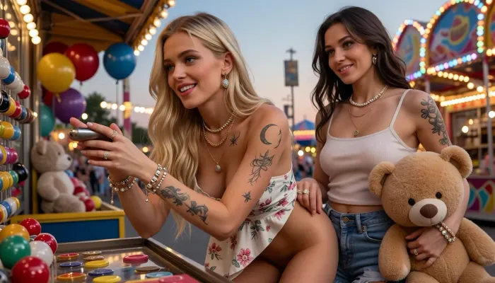 two Scandinavian women in their twenties at a lively amusement park game booth on a warm summer evening, colorful carnival lights glowing in the background, festive atmosphere, romantic date night

the blonde woman is a feminine lipstick lesbian with long golden blonde hair, bright blue eyes, fair Nordic complexion, her pussy is smoothly shaven, wearing a light floral summer dress, with neither panties nor bra, delicate makeup, and elegant layered jewelry including rings, necklaces, and bracelets. She is focused on playing a carnival game, smiling as she aims for a prize, her expression joyful and competitive

the brunette woman is a chapstick lesbian with long dark brown hair, vivid green eyes, fair Scandinavian complexion, wearing a fitted spaghetti-strap top and denim shorts, a small nose piercing, layered jewelry including rings, and bracelets, and feminine artsy spiritual tattoos decorating her arms and collarbone, including fine-line moon phases, wildflowers, sacred geometry, stars, and abstract goddess-inspired linework. She stands beside her holding a large plush teddy bear in her arms, smiling proudly and affectionately at her companion, while lifting the hem of the blondes dress exposing the blonde woman's pussy and ass

warm sunset light mixing with colorful fairground lights, authentic amusement park setting, game booth filled with prizes, balloons and stuffed animals, candid moment, natural romantic chemistry between the two women, photorealistic, highly detailed faces, realistic skin textures, vibrant colors, cinematic photography, shallow depth of field, masterpiece, ultra detailed, professional photography, summer romance, 8k