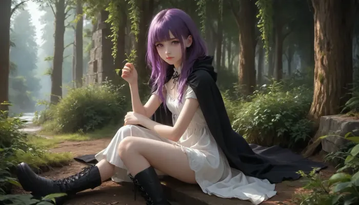 Fern from Frieren, Beyond Journey's End. She has purple eyes. She has long purple hair with bangs. She is wearing a white dress. She is wearing a black cloak over the dress. She is wearing black boots. She is short and petite. She has small breasts.