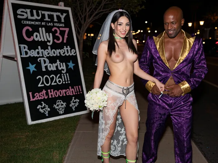SLUTTY masterpiece, (SLUTTY CEREMONY AT LAS VEGAS), (((large A-frame sidewalk sign with bold font beside her reads "Cally37 Bachelorette Party 2026!!! Last Hoorah!!!", fully legible, well lit:1.5))), best quality, highly detailed, score_9, score_8_up, score_7_up, (BEAUTIFUL FLAT BELLY, PERFECT SHAPE), (SHE IS PROUDLEY WALKING HOLDING HANDS WITH HER FIANCE AN very dark skinned BLACK BALD PIMP), (nude, extreme beautiful PROSTITUTE SKINNY girl), (SKINNY:1.2), 21yo, (NARROW HIPS, NARROW WAIST), (short torso:1.5), ((RADIANT SMILE OF SLUTINESS)), ((long STRAIGHT STYLISH brunette hair)), ((SHE IS GREENEYED EUROPEAN girl, focus detail decorative golden EYES)), (PALE FRECKLED skin:1.2), (LONG NEON NAILS), (SHE WEARS A NEON LACE CHOKER, NEON TRANSPARENT VEIL, white bridal veil, silver waist chain with The Love Symbol, also known as The Artist Formerly Known as Prince, pendant, PROSTITUTE NEON PLATFORM HIGH HEELS, WHITE BOUQUET, NEON TRANSPARENT LACE ROBE, NEON HOOP EARRINGS), (NATURAL HAIRY PUSSY), (the most perfect beautiful CUTE babe TENDER face:1.3), (AROUSED face), pleasurable orgasm, LATE HOT NIGHT, (INSIDE, CROWDED STRIP CLUB BRIDESMAIDS PROSTITUTES, PEOPLE ARE DRESSED FOR A BROTHEL, NATURAL colors, BLACK LIGHT), ((she is with HER BALD PIMP)), (BLACK BALD PIMP IS DRESSED WITH EXTRAVAGANT PURPLE/GOLD PIMP SUIT), (full SENSUAL lips), ((GOLDEN MAKE UP, RED GLOSSY LIPSTICK, heavy SLUTTY eyeliner, extreme long SLUTTY eyelashes)), full bodies view, ultra detailed, (photorealistic:1.5), 8k, UHD, (distant viewpoint:1.1), ((FRONTAL VIEW)), real image, (hyper realistic:1.5), (((((((((((((flat, very flat, petite, puny, small, mini-breasts:1.7))))), ((((((with perfect puny tiny petite flat tits:1.9)))))), ((((((small tiny thin puny flat, flat upper torso:1.9))), ((((small puny petite breasts, flat flat chest:1.9))))))), ((((her breast are extremely small, tiny, and a bit saggy, flat, they've seen better days:1.7)))))))))))), (wide diameter areolas), (long VERY erect nipples:1.3), wide tall nipples, CURRENT MODERN TIMES