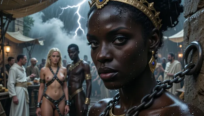 Extreme close-up portrait of a majestic African queen's face, 28 years old, African facial physiognomy, a violent storm, rain pouring down, mist drifting behind her, faint lightning illuminating her face from above and behind. The camera is slightly below her eye level, so she looks down at the viewer with a cold, condescending stare, arrogant, superior, and almost cruel, Hyper-realistic oiled skin, ultra-dark obsidian black, wet sheen, visible pores, fine natural texture, Her facial features are regal and sharp, high sculpted cheekbones, strong elegant jawline, full lips pressed together with faint disdain, eyebrows slightly lowered and arched in calculated superiority. Her eyes are piercing with deep dark irises, razor-sharp iris detail, tiny lightning catchlights reflecting in them. Expression communicates absolute authority, cold pride, and a chilling co, photorealistic scene set in an ancient Roman slave market. In the center, a group of female slaves from various regions stands in iron shackles. Among them, there is a blonde Nordic woman, a Nubian woman, and a Black African woman, each depicted with authenticity and dignity. They are bound with heavy, iron chains around their wrists and ankles, and some are fixed to metal rings embedded in a stone wall. The marketplace is bustling with Roman citizens in elegant white togas, haggling and moving about. The scene is rich with historical detail, showing the diverse backgrounds of the slaves and the authenticity of their chains. Above, the golden sunlight filters through the smoke and dust rising from the market, creating a mystical and atmospheric effect. The focus is on a few of the women in sharp detail, while the background fades into a lively blur, capturing the vibrancy and complexity of the Roman slave market, cloudy, smoke, atmospheric, clouds, fog, jia, pillory, (maximum detail), (super realistic photo:1.4), (perfect pussy:1.4), wet body monsoon rain, and a chilling confidence that borders on menace. Only hints of her crown and jewelry are visible at the edges, wet gold and gemstones catching lightning, framing her face as a symbol of untouchable power. Cinematic storm lighting, cold blue highlights, high contrast, hyper photorealistic, 8K, extreme facial detail, shallow depth of field, intense gaze, dark jungle blur behind her.