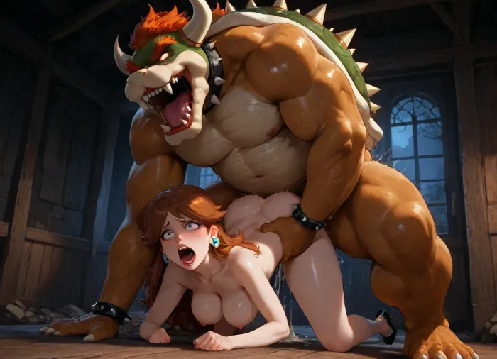 (Smash bros style), (Princess daisy:1.5), interracial, (huge tall brute Bowser:1.3), (raping her:1.8), black heels, log cabin, deep dark forest, dark doorway, window, night, (pounding:1.6), breasts, hair, tall, beautiful 4k, perfect faces, bent forward, tall Bowser, muscular, standing, giant cock, fucking doggystyle, (Pounding:1.7), (sex:1.3), (screaming:1.4), (sweaty:1.7), midnight illuminate, red lipstick, fat lips, woman with long legs, window sex, front view, cum dripping, blushing, <lora:dark:.8>, raw, lighting, overexposed, harsh, flash, <lora:Rawfully Stylish v0.2_epoch_20:.8>, <lora:xl_more_art-full_v1:.8>, supermodel, face, big, lips, <lora:Beautify-Supermodel-SDXL:.8>
