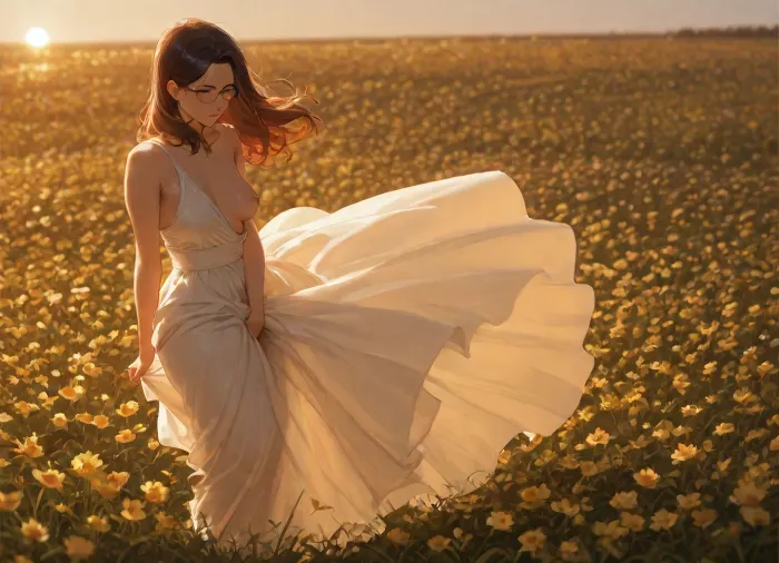 mature woman, glasses, golden hour lighting, side shot, flower field, small tits, small breasts, masturbating, fingering, bangs, two colored dark hair, long flowy dress, one breast out, full body view, wind lifting skirt