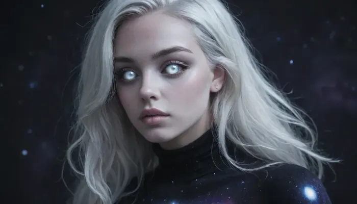 (cosmos body:1.5), (galaxy skin:1.5), (silver colored void pupiless eyes:1.8), (silver sclera:1.6), (silver lips:1.3), shimering hair, glowing hair, glistening hair, space port, starships, hourglass figure