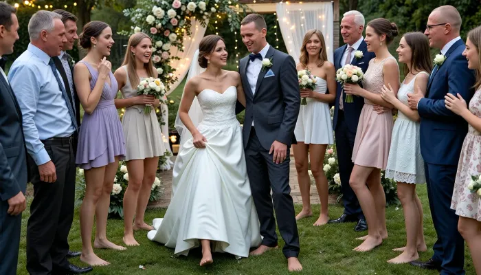 A joyful summer wedding outdoors. The bride and groom are dressed elegantly – the bride in a classic white wedding dress, the groom in a dark suit – both deliberately barefoot. Many of the younger wedding guests have also taken off their shoes and are celebrating barefoot on the grass, while many older guests are wearing traditional elegant shoes. Everyone is laughing, chatting, and enjoying the celebration. The atmosphere is warm, festive, and humorous, with flowers, fairy lights, and summer sunshine..highest quality, 8k
