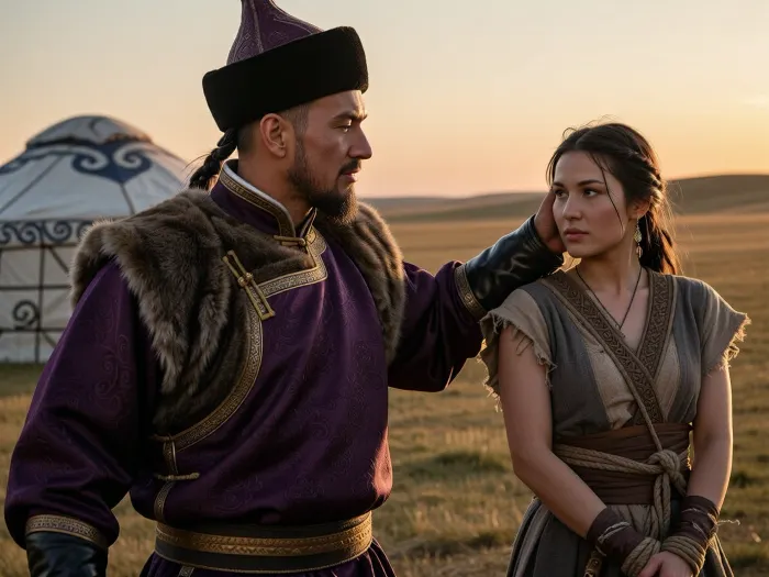 13th century mongol steppe, ultra detailed depiction of 2 characters with sharp focus on faces. smirk smile, dominant unblinking gaze, mongol khan walking with powerful stride, broad cheekbones, slanted dark eyes, typical east-asian mongol face, black beard, deep purple silk robe with gold trim, sable fur collar, shaved temples and black braid hair under a black felt hat, commanding authority of someone who was never defeated, looking at a captive woman several steps away, arm extended and reaching out to her cheek. jaw set eyes locked in defiance unflinching stare, she is looking at the khan proudly, superb beautiful woman standing, wrists bound together in front with rope, torn apart medieval dress, mongol yurts background, golden steppe sunset, dramatic rim lighting