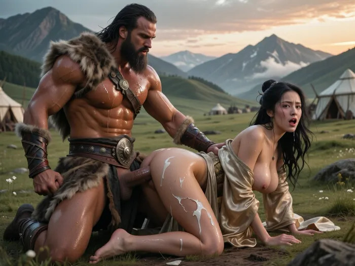 A masterpiece, top quality, ultra-detailed, hyper-realistic imagery, photographic quality, highly detailed anatomy, sharp focus, cinematic lighting, sweaty skin, visible fluids and secretions, high contrast, intricate details, dynamic composition.
Dark fantasy. A ferocious barbarian khan—a tall, powerful, muscular man with a rough, savage face and a thick beard, wearing a fur loincloth and with his torso bare—is violently fucking a noblewoman from behind as she stands on all fours, taken captive.
She is a stunningly beautiful young woman with long black hair, exquisite features, and sensual lips. Her body is perfect, large breasts, a narrow waist, and a rounded butt. Her luxurious silk garments are torn, completely exposing her breasts, thighs, and buttocks. The Khan is roughly having sex with the girl. His large, thick penis is buried deep inside her vagina, and white fluids are running down her thighs. Both of their skin glistens with sweat. The girl’s eyes are filled with anguish, her mouth is open in a moan, her expression a mixture of pain and sexual pleasure. The backdrop is magnificent, idyllic nature, a green, blossoming valley, distant majestic mountains, the golden light of sunset, and calm, high clouds creating a magical and serene atmosphere, with yurts in the background. The entire scene is imbued with a dark, fantastical, and brutal undertone—a stark contrast between the delicate beauty of the surrounding world and the brutal, violent scene of sexual coercion and humiliation of the captive by the barbarian khan.