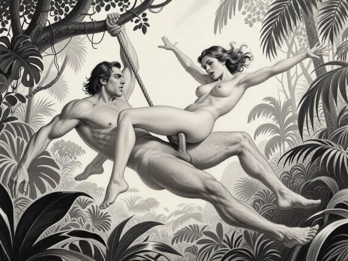 This is a detailed monochromatic pencil drawing in a classical illustrative style depicts a scene set in jungle. 1950s. extremely stylized background, BDSM.
--------------------------------------------------------------------------------------Tarzan and Jane have sex in the air. Tarzan swings on a rope with Jane on his big cock. Jane has her arms spread as she flies with Tarzan. Tarzan's cock is deep in Jane's ass. Front view, looking at viewer.
--------------------------------------------------------------------------------------
The overall style is a black and white pencil realistic drawing, capturing a candid moment. The scene has a formal, organized atmosphere. The overall mood is intense, rendered in fine, expressive line work and subtle shading, evoking the style of 1950s satirical or moralistic illustrations.