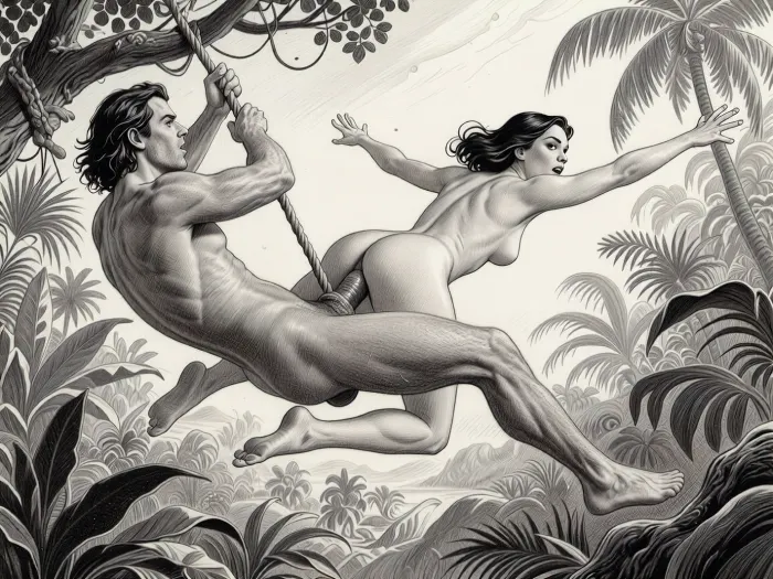 This is a detailed monochromatic pencil drawing in a classical illustrative style depicts a scene set in jungle. 1950s. extremely stylized background, BDSM.
--------------------------------------------------------------------------------------Tarzan and Jane have sex in the air. Tarzan swings on a rope with Jane impaled on his big cock. They have sex from behind in her ass, and Jane has her arms spread as she flies with Tarzan. Tarzan's massive cock is deep in Jane's ass. --------------------------------------------------------------------------------------
The overall style is a black and white pencil drawing, capturing a candid moment. The scene has a formal, organized atmosphere. The overall mood is intense, rendered in fine, expressive line work and subtle shading, evoking the style of 1950s satirical or moralistic illustrations.