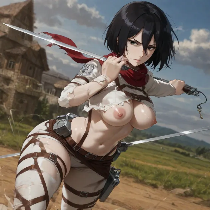 attack on titan, mikasa ackerman, red scarf.pale skin., (Clothes torn, exposing skin:1.6), (Fighting stance:1.3), (Wielding two swords:1.3), ., (Fat Hips:1.1), (Movie-quality picture:1.3), (Best composition:1.3), (Key Art:1.3), (American animation style:1.45), .Best quality, masterpiece.masterpiece, 4K best quality, high quality, absurdres, intricate details, very awa, depth of field, very aesthetic, rating, explicit
