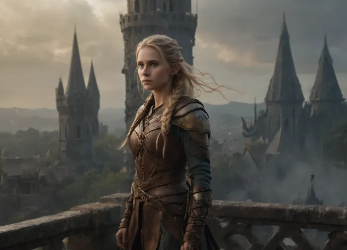 A female elf, slender and agile, long wavy blonde hair tied in a loose braid, piercing blue eyes scanning the horizon, clad in brown leather armor, standing atop a tower in an ancient elven city, faint mist curling around her boots, a anxious look hinting at danger, cinematic low light, ultra-realistic fantasy art