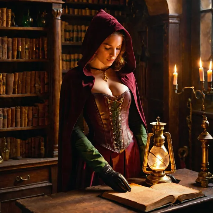 We witness a young woman entering the workroom of the Royal Alchemist through a secret trapdoor, carrying a lamp and holding a leather-bound folio close to her chest as she glances toward the door. She wears a fitted burgundy corset embroidered with golden alchemical symbols, dark leather gloves reaching past her elbows, and a hooded cape draped over one shoulder. Behind her, tall wooden shelves overflow with ancient books, glass vials, and dried herbs hanging from the ceiling. A single oil lamp on the desk casts flickering amber light across scattered tools —a brass astrolabe, an open notebook covered in cryptic diagrams, a small vial of glowing green elixir. In the corner, the elderly alchemist, bald-headed with a long beard, is engrossed in an experiment, mixing magical glowing potions from one strangely shaped glass vessel to another, too engrossed to notice anything occurring. Shadows stretch long across the stone floor. The mood is tense and secretive, rich with warm firelight and deep shadow, cinematic composition, shallow depth of field.