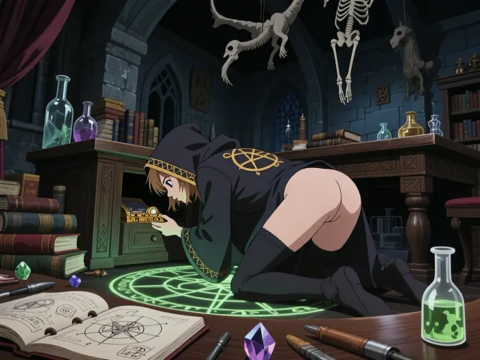 90s anime screencap, shonen style, low angle shot looking up, dynamic perspective, A medieval castle. In the darkened study of the Royal Alchemist, a young woman kneels and leans deeply into a low cupboard, looking for treasure to steal and has become stuck. She wears a hooded cape embroidered with golden alchemical symbols, lifted up to expose her bare buttocks and pussy. Beneath her is a glowing magical circle.

The room is overflowing with ancient books, glass vials, and the skeletons of strange animals hanging from the ceiling. A desk is covered with scattered tools — mystical crystals, an open notebook covered in cryptic diagrams, a small vial of bubbling green elixir. The mood is mystical and magical, deep shadow, sharp angular lines, cel-shaded, film grain, (4:3), composition, VHS aesthetic, saturated colors, 1998