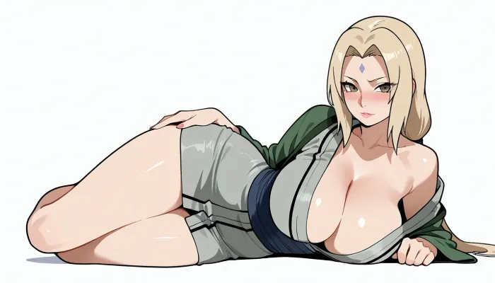derpixon style, simple cartoon porn, bold black outlines, vibrant flat colors, without shading, clean lines, white background, Lady Tsunade from Naruto, curvaceous mature body, very large breasts, slim waist, wide hips, long straight blonde hair, green eyes, violet diamond mark on forehead, beautiful confident face, slight blush, aroused expression, wearing a grey kimono pushed down to her waist, lying on side, full body view, maximum simplicity, clean flat coloring, no complex details, no gradients, no shine