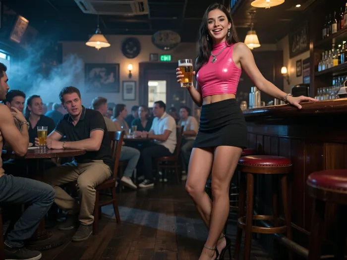 A highly detailed, photorealistic movie scene—a full-body shot in a pub with typical décor, low lighting, and a smoky atmosphere, many patrons are seated at various tables, while a young woman stands at the bar. She is 22 years old, South American in appearance, slender, and long-legged, she wears a skin-tight pink crop top, a very short black miniskirt, high heels, and costume jewelry, holding a half-full glass of beer. She has a happy, erotic expression, the shot is taken from a low angle, everyone in the scene looks happy, the image features exceptionally detailed skin texture, soft cinematic lighting, shallow depth of field, razor-sharp focus, natural film grain, and an extremely high level of detail.