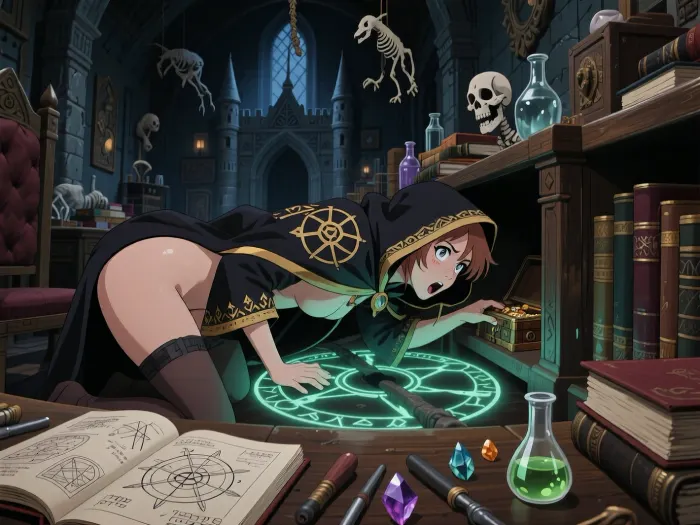 90s anime screencap, shonen style, low angle shot looking up, dynamic perspective, A medieval castle. In the darkened study of the Royal Alchemist, a young woman kneels and leans deeply into a low cupboard, looking for treasure to steal and has become stuck, her face wide-eyed, mouth open with shock. Beneath her is a glowing magical circle that has activated the trap. She wears a hooded cape embroidered with golden alchemical symbols, lifted up to expose her bare buttocks and pussy. The room is overflowing with ancient books, glass vials, and the skeletons of strange animals hanging from the ceiling. A desk is covered with scattered tools — mystical crystals, an open notebook covered in cryptic diagrams, a small vial of bubbling green elixir. The mood is mystical and magical, deep shadow, sharp angular lines, cel-shaded, film grain, (4:3), composition, VHS aesthetic, saturated colors, 1998