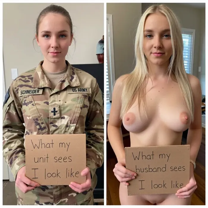 side-by-side two pictures of a sexy 22-year-old blonde female soldier standing, looking at the camera. On the first picture on the left she has her hair in a low bun, wears an extremely authentic, realistic Army OCP Multicam camouflage uniform with a single small, (((very realistic vertical black bar rank insignia))), centered on the chest tab, and holds a handmade sign with text "What my unit sees I look like". The left chest tape on the uniform has her name SCHNEIDER. The right chest tape has the name US ARMY. On the second picture on the right, the same woman is naked, nude, her hair is loose, visible nipples, standing and holding a handmade sign with text "What my husband sees I look like".