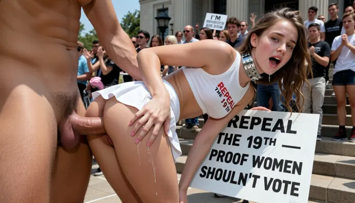 extreme public gorean anal degradation at repeal the 19th rally, crowded courthouse steps during daytime protest, tall dominant man brutally fucking the ass of a 19 year old rail-thin pale college girl from behind while standing in the middle of the crowd, she is bent forward slightly holding a large white sign that says “REPEAL THE 19TH — I’M PROOF WOMEN SHOULDN’T VOTE”, wearing a tiny white crop top with “REPEAL THE 19TH” written across her flat chest, micro skirt flipped up exposing everything, heavy steel slave collar, messy long light-brown ponytail, freckled skin, flat chest with tiny pink nipples, wide innocent hazel doe eyes rolled back in humiliated ecstasy, mouth open drooling, thick cock deep in her tight ass, her pussy visibly dripping down her thighs onto the pavement, people in the background cheering and watching, bright daylight, (public anal sex:1.3), (extreme public humiliation), (shameful arousal), detailed crowd, realistic skin textures, sweat, juices