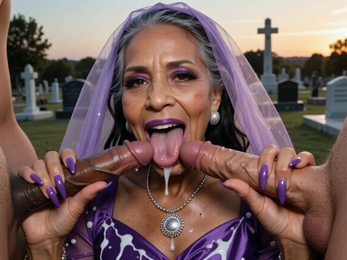 4k, ultra high resolution, face of an elderly looking 60 years old beautiful african granny widow with a transparent purple mourning veil is licking 2 veiny short cocks, (one very dark brown penis, one light brown penis), in front of her from 2 men, woman holds the cocks horizontally with both hands, woman licks the tip of the cumdripping cocks with her long tongue, (much cum on tongue and cumdripping), very long purple fingernails, looking to viewer, woman smiling very horny and showing teeth, purple cumcovered mourning dress top and many white cumspots, woman with ultra high detailed face with visible skin wrinkles and freckles, little scars on the face, dark eyelids, long black eyelashes, big purple lips, long black and grey hair, big silver necklace, big round silver earrings, background open cemetary, summer sunset