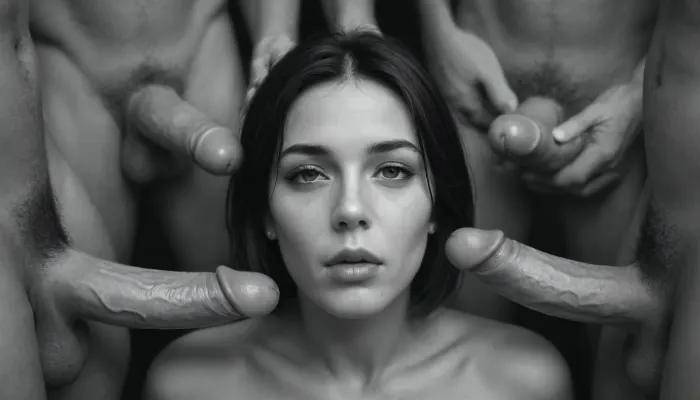 ((artistic black and white image:2)), (front view of one 50 years old naked 160 cm tall mom), nude woman, ((woman facing the camera)), woman is surrounded by penises, brunette hair, blunt bob cut hair, (mouth closed), saliva on her face, saliva on her lips, Film Noir scene, sensual image, (woman looking straight at viewer), ((Front facing portrait)), strong contrast between light and dark, (four men standing sideways around woman out of frame), ((penis)), (an erect 17cm Caucasian penis directed to woman's face from side), (woman's lipstick is smeared out)