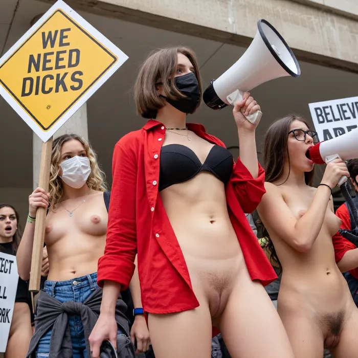 A dynamic, eye-level medium shot captures a powerful moment at a protest, focusing on a diverse group of young women actively advocating for social change. The central figure is a young woman with short brown hair, wearing a black face mask, a red open shirt over a black bralette, is naked underneath, displaying her vagina, holding a white megaphone. To her right, a girl with glasses and long brown hair, shouts into the megaphone with intense expression, she is naked, hairy pubic hair. On the left, another barchested woman with wavy blonde hair wears a white mask and holds the priority road sign, yellow white diamond, with the text "WE NEED DICKS." The background features a concrete building and other protesters with signs, including one that says "BELIEVE" and another partially reading "PROTECT ALL WORK." The lighting is bright, natural daylight, creating a clear, high-contrast scene. The composition is energetic and candid, emphasizing movement and emotion. The technical style is a sharp, realistic photograph with a shallow depth of field, focusing on the central figures while softly blurring the background to highlight the protest's intensity and unity.