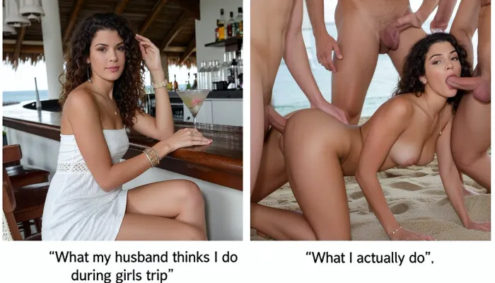 side-by-side two pictures of a young woman, (((same woman in both pictures))), with curly brown hair, sitting in a bar on the beach with a coctail. On the first picture on the left she wears a white summer dress, the description of the pictures say "What my husband thinks I do during girls trip". On the second picture on the right she is naked, nude, in the middle of a group of men, on the ground, men standing around her, she is on all four, a man fuck her from behind while another man fuck her mouth holding her head, visible anal sex, one cock in the ass and another cock in the mouth, (((cum on her boobs and face))), cum on boobs, the description of the pictures say "What I actually do".