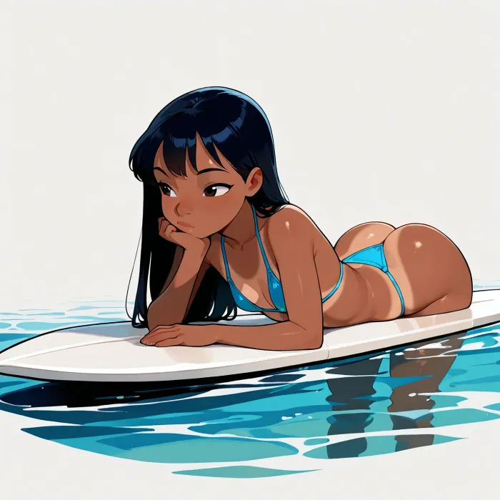 1 character, Lilo from Lilo & Stitch, wearing a simple bikini, lying on her stomach on a surfboard floating in the water, resting her chin on her hands, looking forward, slender small body, small breasts, petite and thin buttocks, long straight black hair, tanned skin, white background, Derpixon style, simple cartoon, bold black outlines, vibrant flat colors, without shading, clean lines, maximum simplicity, clean flat coloring