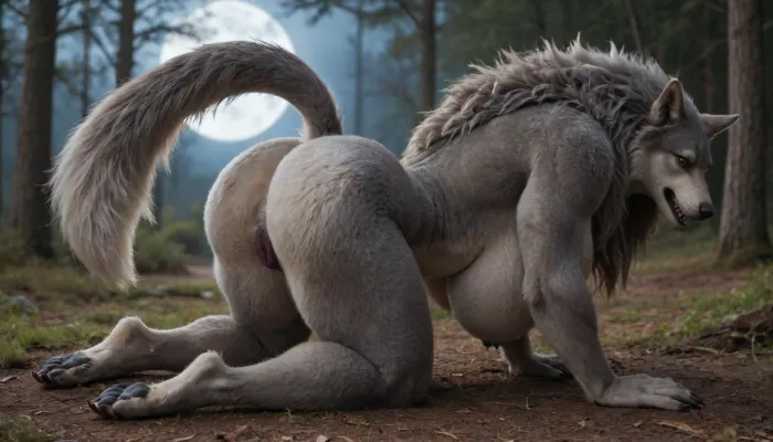 (female werewolf on all fours, massive she wolf beast, animalistic, anthro girl:1.2), (full body fur, body covered in grey fur, fluffy), massive arms, big round breasts, (huge round ass:1.3), paws, claws, long fluffy tail, canine pussy, (extremely horny, lustful, submissive, seductive:1.4), (in the wood at night), full moon shining over the trees, night time, detailed, (side view), hd