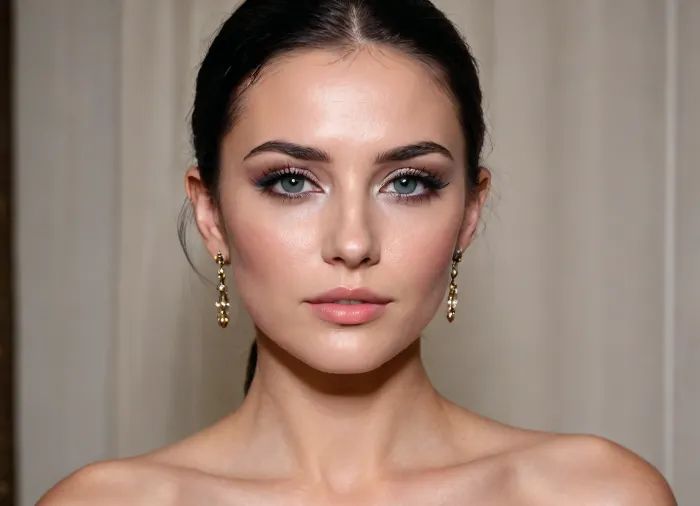"Imagine a face that not only catches the light, but also commands it. The skin still resembles shining porcelain, but now it is accentuated by an iridescent highlighter on the cheekbones and bridge of the nose, giving the face a heavenly glow, as if kissed by dew. The eyebrows are clearly defined, which gives the facial expression confidence and charm. But the real drama begins with the eyes, bold, shimmering gold or electric blue eye shadows blend over the eyelids, forming spectacular smoky shadows that give the look a hypnotic and piercing hue. The eyelashes are thick, voluminous and inky black, framing the eyes like a dark, seductive curtain."
"And lips... they are no longer just soft coral. They are painted in a bright, glossy crimson color — so bright that it feels like a challenge. It's an impossible-to-miss face, a masterpiece of bold colors and precise lines that transforms beauty into something exhilarating."
"Her black hair is cut into a sharp, asymmetrical bob that touches her jawline on one side and falls slightly on the other, creating a dynamic sense of movement even when she stands still. The texture is polished to a glassy sheen, making the hair look like liquid silk. The roots remain smooth and fit snugly to the scalp, and the tips are trimmed with such precision that they look almost like a blade. To give the hairstyle a modern look, a hidden neckline at the back of the head gives it a clean, fresh look, and a deep fringe with a side parting falls over the forehead, partially covering one eye and giving the image a mysterious charm."