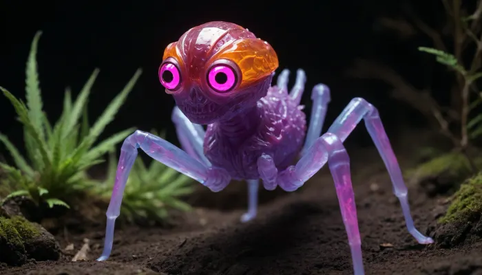 creature that perfectly inhabits the UV-reactive crystalline landscape. This being features a sleek, translucent body with internal skeletal structures that glow with neon cyan and violet light, mirroring the energy of the crystals around it. Its skin is adorned with intricate UV-reactive patterns in hot magenta and fluorescent orange, providing it with a natural camouflage among the neon flora. With its large, glowing amber eyes and multiple crystalline limbs, it's a fascinating addition to this otherworldly dimension. I hope you find it as captivating as the landscape itself.