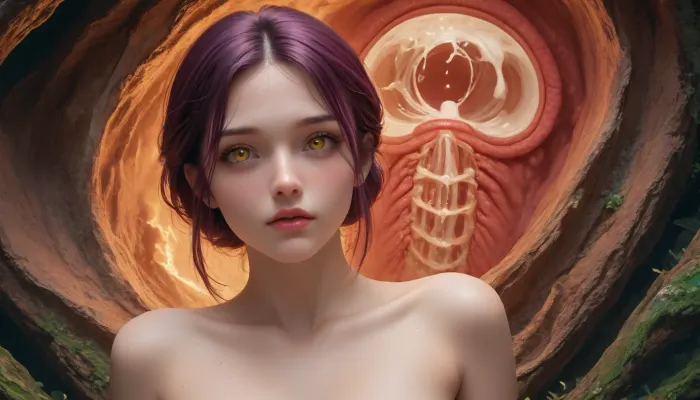 perfectly beautiful naked athletic girl inhabits the UV-reactive crystalline landscape. She features a sleek, translucent body with internal skeletal structures that glow with neon cyan and violet light, mirroring the energy of the crystals around it. Her skin is adorned with intricate UV-reactive patterns in hot magenta and fluorescent orange, providing her with a natural camouflage among the neon flora. With her large, glowing amber eyes and perfect body, she is a fascinating addition to this otherworldly dimension. I hope you find it as captivating as the landscape itself.