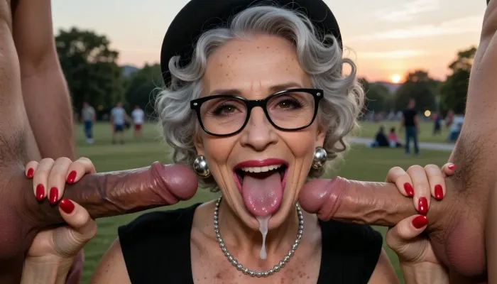 4k, ultra high resolution, face of an elderly ugly looking granny is licking 2 very big veiny cocks, (one dark brown penis, one light brown penis), in front of her from 2 men, woman holds the cocks horizontally with both hands, woman licks the tip of the cumdripping cocks with her long tongue, (much cum on tongue and cumdripping), much cum on womans tongue and lips, big curly grey hairstyle, short black old style costume top, little black old style womans hat, big silver necklace, very long red fingernails, looking to viewer, dark eyes, smiling bright, showing teeth, ultra high detailed face, skin wrinkles and freckles, long chins and noses, dark eyelids, long black eyelashes, big red lips, old style womans glasses, big round silver earrings, background open park with people, summer sunset