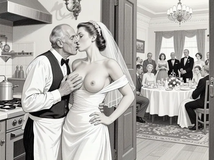This is is a detailed monochromatic pencil drawing in a classical illustrative style depicts a scene set in USSR, in 1950s, a striking busty slutty bride in a white dress, hugs and passionately kisses an old waiter in the restaurant kitchen who roughly and imperiously paws her tits, ((marginal old waiter roughly pawing her exposed tits with his fingers)), the restaurant hall is visible through the open kitchen door, on a festive table during the wedding banquet, family and parents are watching in their best clothes, a large banquet hall, They celebrate the wedding without noticing the bride, The overall mood is intense, rendered in fine, expressive line work and subtle shading, evoking the style of 1950s satirical or moralistic illustrations.
