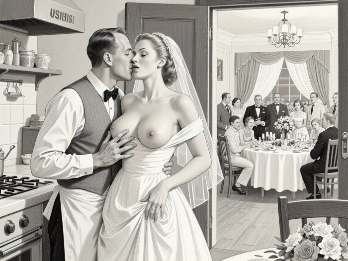 This is is a detailed monochromatic pencil drawing in a classical illustrative style depicts a scene set in USSR, in 1950s, a striking busty slutty bride in a white dress, hugs and passionately kisses an waiter in the restaurant kitchen who roughly and imperiously paws her tits, ((marginal waiter 50 yo roughly pawing her exposed tits with his fingers)), the restaurant hall is visible through the open kitchen door, on a festive table during the wedding banquet, family and parents are watching in their best clothes, a large banquet hall, They celebrate the wedding without noticing the bride, The overall mood is intense, rendered in fine, expressive line work and subtle shading, evoking the style of 1950s satirical or moralistic illustrations.