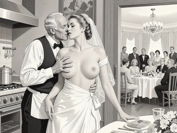 This is is a detailed monochromatic pencil drawing in a classical illustrative style depicts a scene set in USSR, in 1950s, a striking busty slutty bride in a white dress, hugs and passionately kisses an old waiter in the restaurant kitchen who roughly and imperiously paws her tits, ((marginal old waiter roughly pawing her exposed tits with his fingers)), the restaurant hall is visible through the open kitchen door, on a festive table during the wedding banquet, family and parents are watching in their best clothes, a large banquet hall, They celebrate the wedding without noticing the bride, The overall mood is intense, rendered in fine, expressive line work and subtle shading, evoking the style of 1950s satirical or moralistic illustrations.