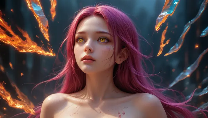 perfectly beautiful naked athletic girl inhabits the UV-reactive crystalline landscape. She features a sleek, translucent body with internal skeletal structures that glow with neon cyan and violet light, mirroring the energy of the crystals around it. Her skin is adorned with intricate UV-reactive patterns in hot magenta and fluorescent orange, providing her with a natural camouflage among the neon flora. With her large, glowing amber eyes and perfect body, she is a fascinating addition to this otherworldly dimension. I hope you find it as captivating as the landscape itself. Whole body view composition, fixl-art, 4ng3l, face, blacklight, photography, as, a, street, fighter, character, Shattered, glass, reflecting, vibrant, hues, dances, in, an, ethereal, swirl, <lora:SDXL_BetterFaces-LoRA_v1:.1>, <lora:dare_blacklight_dances:.1>