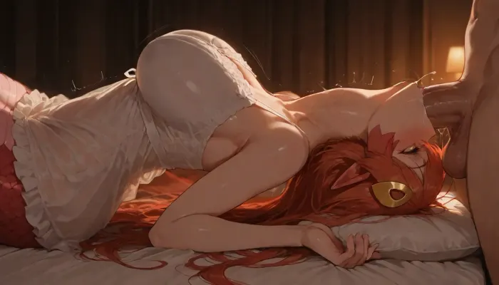 Miia, (Monster Musume), laying upsidedown on bed giving deepthroat blowjob. Red Lamia monster girl, hyper dick halfway in mouth, throat bulge, deepthroat blowjob, arching back, side view, drooling, pre cum, crossed eyes, orgasm face, glowing red eyes, transparent white nightgown, blushing, struggling, gabbing her head, moody lighting, dark bedroom, masterpiece.
