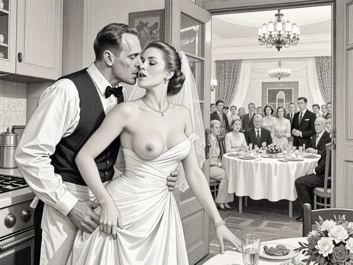 This is is a detailed monochromatic pencil drawing in a classical illustrative style depicts a scene set in USSR, in 1950s, a striking busty slutty bride in a white dress, hugs and passionately kisses an waiter in the restaurant kitchen who roughly and imperiously paws her tits, ((marginal waiter 50 yo roughly pawing her exposed tits with his fingers)), the restaurant hall is visible through the open kitchen door, on a festive table during the wedding banquet, family and parents are watching in their best clothes, a large banquet hall, They celebrate the wedding without noticing the bride, The overall mood is intense, rendered in fine, expressive line work and subtle shading, evoking the style of 1950s satirical or moralistic illustrations.