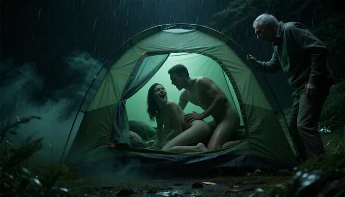 Fantasy setting, cgi Render with imperfections saturated deeply in ultra dark green colors Style, The scenario is enveloped in the deepest darkness imaginable, Technically the entire image is going to dark black while being underexposed by 3 stops, filled with dark thick, swirling dark green steam and dust that obscures every surface, The air is heavy and thick, and no ray of light penetrates the suffocating haze, night on camping side, Any depiction of skin features an ultra dark green shadow on pale skin, in the darkness, no light lit the skin. The individuals can be made out only as detailed shapes in the dark, Ultra-realistic cinematic documentary realism, nighttime camping scene during a violent rainstorm, exterior view of a single camping tent, the camera is positioned directly in front of the tent, the entrance is completely closed with a semi-transparent tent door, through the closed entrance the soft silhouette of a joyful adult couple inside the cozy tent is visible is having joyful sex from behind, The nude 24 year old woman is on all fours while her nude husband, 30 years old, pounding her from behind, husband firmly gripping her hips with his hands, They are passionate, they are loud, they moan, they enjoy their time together, A helpful man, 50 years old, unsettled by the screams, goes to check on things, he is only slightly visible and partly obscured behind the tent, just the silhouette of the man visible, wears soaked wet clothes