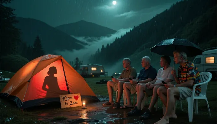 Ultra realistic cinematic editorial masterpiece photograph, public mountain campground in the middle of a stormy moonless night, maximum darkness as the defining visual element. The entire scene is intentionally underexposed by approximately three photographic stops, approaching near-black while preserving subtle shadow detail. A deep emerald-green cinematic night grade dominates every surface. Heavy rain falls through dense layers of low-lying ground fog and drifting mist, swallowing the landscape. Thick humid air softens every distant object, creating an atmosphere of isolation, silence and mystery. The campground itself disappears almost entirely into darkness.

The only true light sources are a softly glowing orange camping tent positioned on the left side of the composition and a single small candle placed on the wet ground in front of a tiny handwritten wooden sign, tent lit from within by a warm red-orange light, The silhouette of a woman casts a perfect outline onto the tent canvas, realistic rain droplets covering the tent fabric, The candle gently illuminates the sign, making the handwritten text perfectly readable, 10pm to 2am, a red heart next to the writing, No other foreground lighting exists. The orange glow escaping through the tent fabric is weak, localized and quickly absorbed by the surrounding darkness.

Four waiting men sit quietly on inexpensive white plastic camping chairs arranged in a perfectly straight queue extending from the tent toward the right side of the frame, observing the tent, They are typical campers, visibly between fifty and sixty years old, noticeably overweight, wearing practical shorts, hiking footwear or sandals and casual outdoor clothing. Their age, posture and body shape remain recognizable, yet they are largely swallowed by deep shadows, with only faint warm edge illumination defining their silhouettes. One subtly checks his wristwatch while another glances at his phone, One of the seated men is holding an umbrella over his head, illuminated only by the dim ambient glow.

One man contrasts with the others, an athletic thirty-three-year-old with long hair, wearing an open colorful Hawaiian shirt, white swim shorts and bare feet, yet even he disappears into the surrounding darkness.

Scattered caravans in the far background reveal a few softly glowing windows through rain and fog. These distant lights provide only a subtle sense of depth and scale, they do not illuminate the campground or the waiting figures. The composition is driven entirely by darkness, realistic rain interaction, volumetric fog, medium-format realism, cinematic depth of field, museum-quality composition, extraordinary HDR shadow retention, ultra-high microcontrast, hyperreal textures, 8K, impossible photorealistic detail.