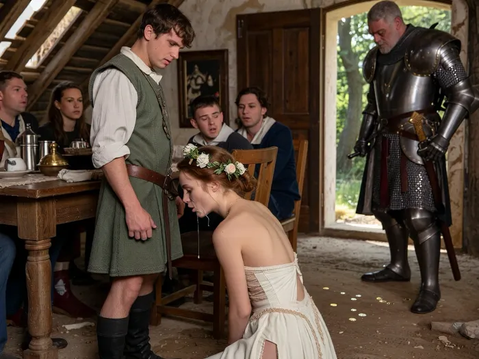 la scène représente un droit de cuissage, haut moyen age, intérieur, dans une cabane délabrée un sol en terre battue une jeune fille bergère rousse innocent magnifique en tenue de mariée de l'époque une couronne de fleurs sur la tête sans voile est à genoux dos à la caméra tête baissée sa robe de mariée est déchirée et sa couronne de fleurs est de travers son visage est couvert de sperme avec son époux un jeune berger en pourpoint vert cotellé debout à coté d'elle il la regarde avec dégout et mépris les autres convives autour de la table regardent également la porte du fond sans bouger ils sont surpris en arriere plan la porte est ouverte tenue par un garde en armure et un chatelain gros et vieux richement habillé de dos marche vers la sortie de la pièce en jetant des pièces d'or sans se retourner quelques pièces sont déjà au sol innocente, skinny, hard natural sunlight, contraste d'ombre et lumière du soleil qui passe entre les arbres shallow depth of field, realistic facial proportions, detailed textures, warm earthy tones. focus sur le visage de la jeune fille, gros plan détails de la fille, menue, maigre, chétive, magnifique, élancée, skinny caucasian, visages très expressifs