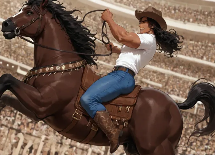 score_9, score_8_up, score_7_up, 1boy, bara, brown skin, long hair, curly hair, black hair, handsome face, gay male focus, Latino, muscular body, huge tits, huge ass, body hair, hairy, bronc riding sport, jumping, rearing, stallion, big horse, big balls, black horse, angry horse, wild horse, ((bronc riding)), cowboy, cowboy hat, cowboy boots, jeans, button up shirt, holding on, wild ride, holding reins, yeehaw, (rodeo), rodeo arena, action, intense, high quality, clean lines, dynamic, competition, spectators, crowd, half_front_view, <lora:RideHorse.0.9:1.3>, <lora:Handsome_Male_models_v2:2>